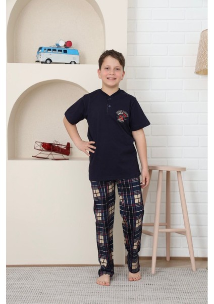 Kapip Lacivert Break Limite Baskılı Kısa Kollu Erkek Çocuk Pijama Takımı 10-15 Yaş 5873-L