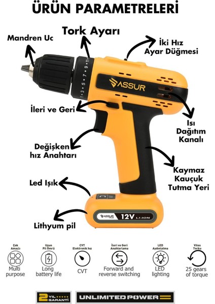 12V Dahili Batarya Akülü Vidalama Şarjlı Matkap