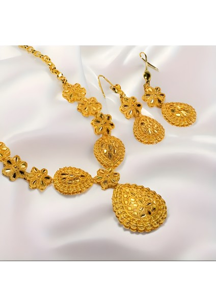 24 K Altın Kaplama 2 Parça Kolye + Küpe Takı Seti - Gül Altını Renkli Düğün Aksesuarları fiyatları