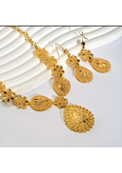 24 K Altın Kaplama 2 Parça Kolye + Küpe Takı Seti - Gül Altını Renkli Düğün Aksesuarları