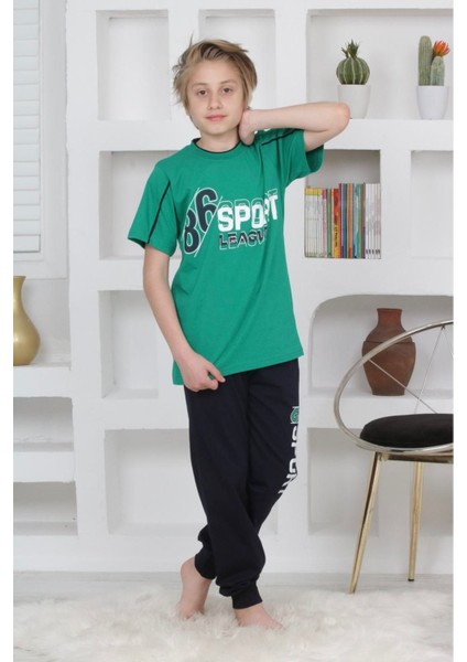 Kapip Yeşil Sport Baskılı Kısa Kollu Erkek Çocuk Pijama Takımı 11-15 Yaş 5093-Y