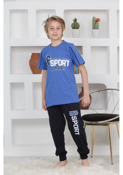 Kapip Mavi Sport Baskılı Kısa Kollu Erkek Çocuk Pijama Takımı 11-15 Yaş 5093-M