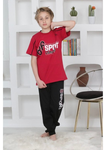 Kapip Bordo Sport Baskılı Kısa Kollu Erkek Çocuk Pijama Takımı 11-15 Yaş 5093-B