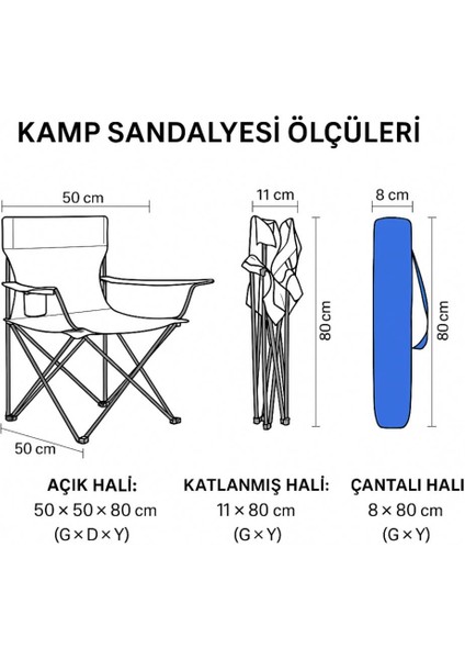 4 Adet Katlanır Kamp Sandalyesi - Piknik Plaj Sandalyesi - (DY.001) - Mavi - Taşıma Çantalı