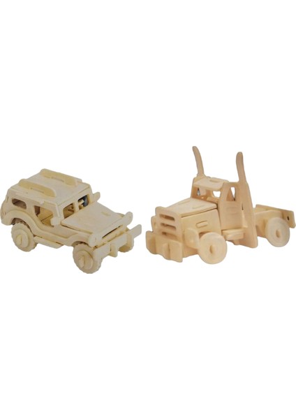 2'li Ahşap Boyanabilir 3D Puzzle Seti – 2'li Jeep + Tır Modeli (5+ Yaş)