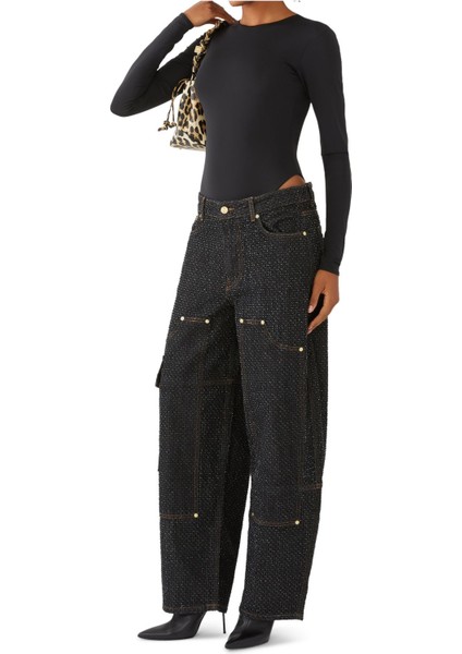 Şık Fluffy Denim Işçi Jean Pantolon