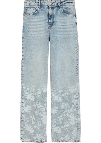 Çiçek Desenli Denim Pantolon