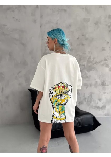 Bisiklet Yaka Baskılı Oversize T-Shirt - Beyaz modelleri