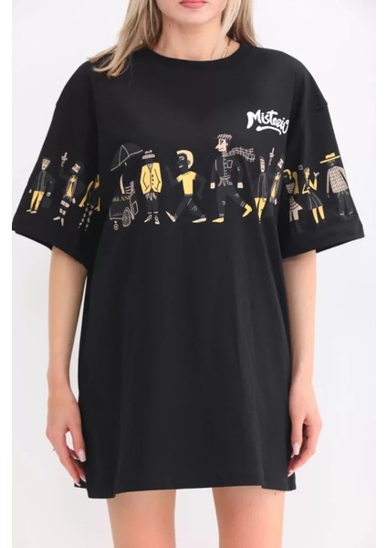 Bisiklet Yaka Baskılı Oversize T-Shirt - Siyah modelleri