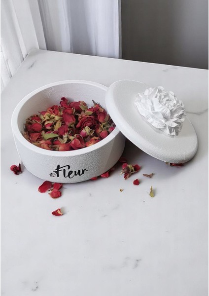 Fleur - Çiçek Kapaklı Dekoratif ve Hediyelik Takı Tabağı, Sunumluk ve Çok Amaçlı Beton Kap