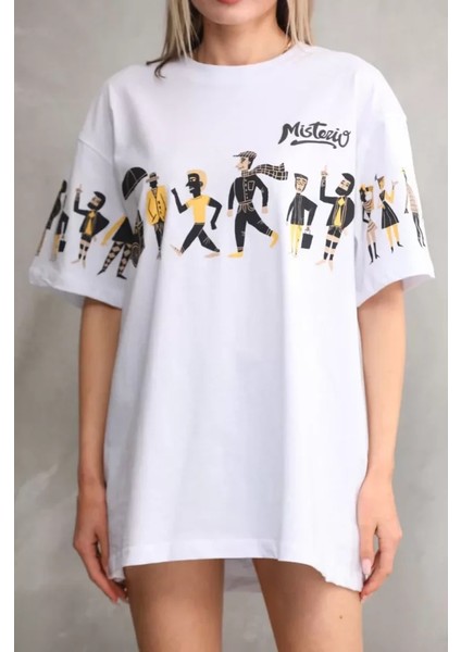 Bisiklet Yaka Baskılı Oversize T-Shirt - Beyaz modelleri