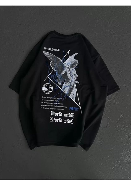 Bisiklet Yaka Baskılı Oversize T-Shirt - Siyah fiyatları