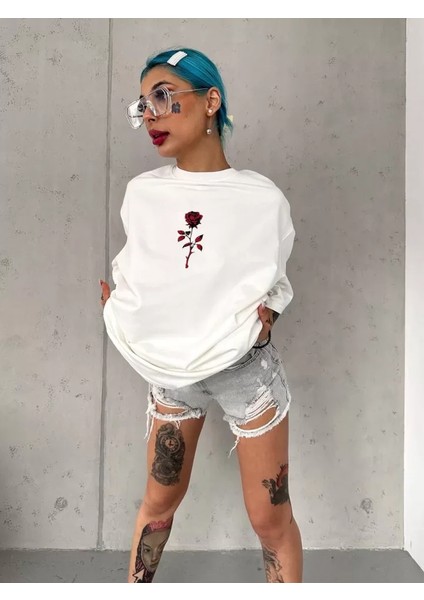 Bisiklet Yaka Baskılı Oversize T-Shirt - Beyaz