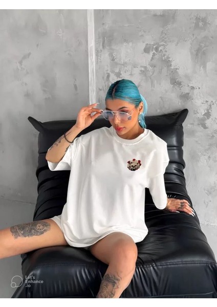 Bisiklet Yaka Baskılı Oversize T-Shirt - Beyaz