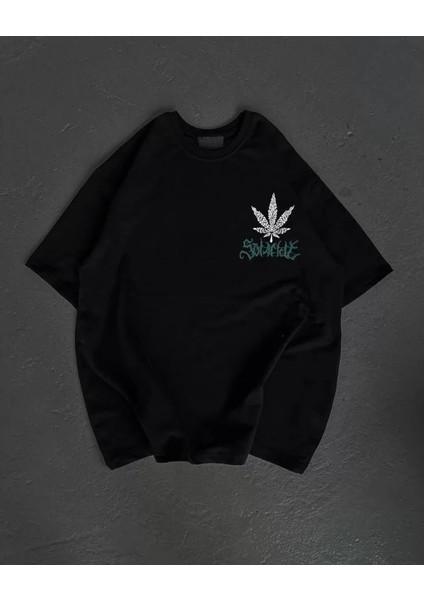 Bisiklet Yaka Baskılı Oversize T-Shirt - Siyah