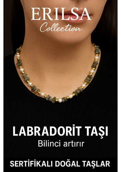 Sertifikalı Kırık Taşlı Model Inci - Labradorit Taşı Kolye