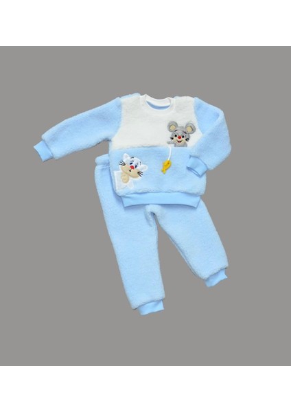 1-2-3 Yaş Sallanan Balık Nakışlı Kuzu Kumaş Sweat Pantolon Uzun Kollu Kız Erkek 2 Li Takımı Mavi