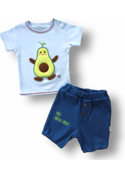 3-6 6-9 9-12 12-18 Ay Avokado Nakışlı Kısa Kollu Sweatli Şortlu 2li Kız-Erkek Bebek Takımı Mavi