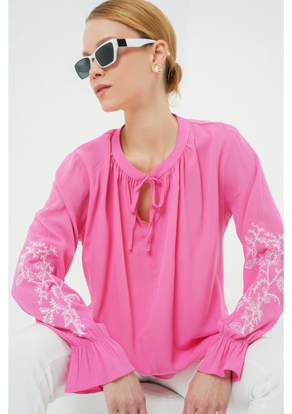 Nakışlı Örme Bluz 941 - Pembe