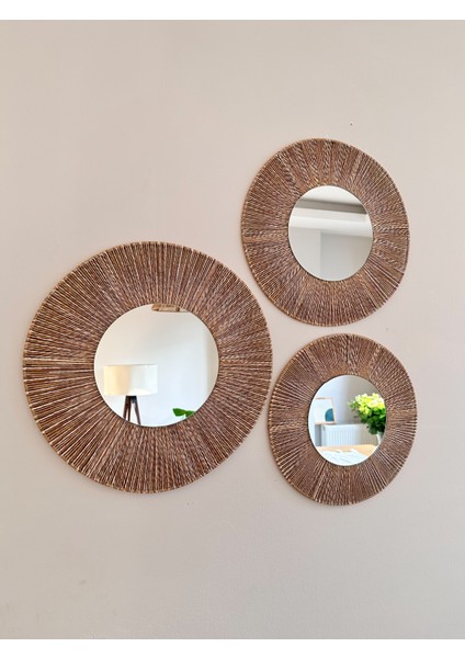 Üçlü Yuvarlak Ebruli Bohem Ayna Seti & Dekoratif Ayna
