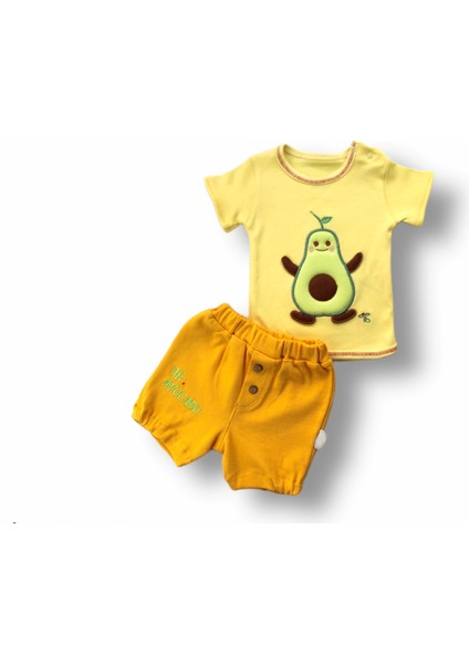 3-6 6-9 9-12 12-18 Ay Avokado Nakışlı Kısa Kollu Sweatli Şortlu 2li Kız-Erkek Bebek Takımı Sarı