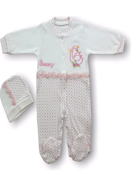 0-3 3-6 6-9 Ay Kraliçe Kuğu Nakışlı Şapkalı Kız Bebek Tulumu Ekru