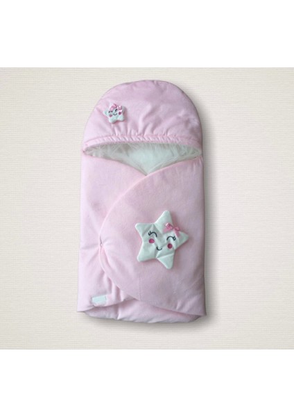 Yenidoğan Çift Yıldız Detaylı Şapkalı Duvaklı Kız Bebek Klasik Kundak Bebek Battaniyesi Pembe