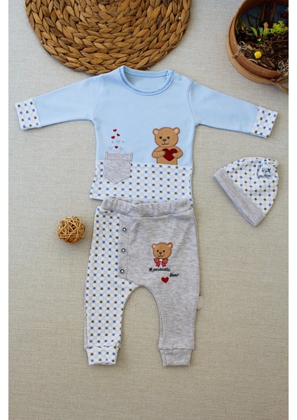 3-6 9-12 12-18 Ay Romantik Ayıcık Nakışlı Şapkalı Uzun Kollu Sweatli 3lü Kız-Erkek Bebek Takımı Mavi