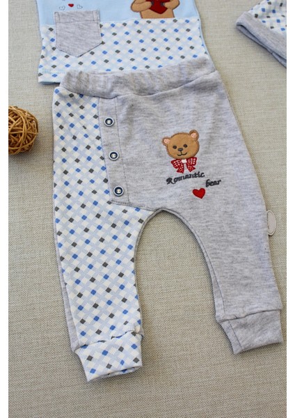3-6 9-12 12-18 Ay Romantik Ayıcık Nakışlı Şapkalı Uzun Kollu Sweatli 3lü Kız-Erkek Bebek Takımı Mavi
