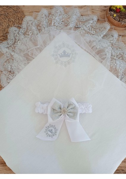 Yenidoğan Titi Taç Nakışlı Plazma Taşlı Güpürlü Çift Fiyonk Duvaklı Trilüks Kundak Bebek Battaniyesi Gümüş modelleri