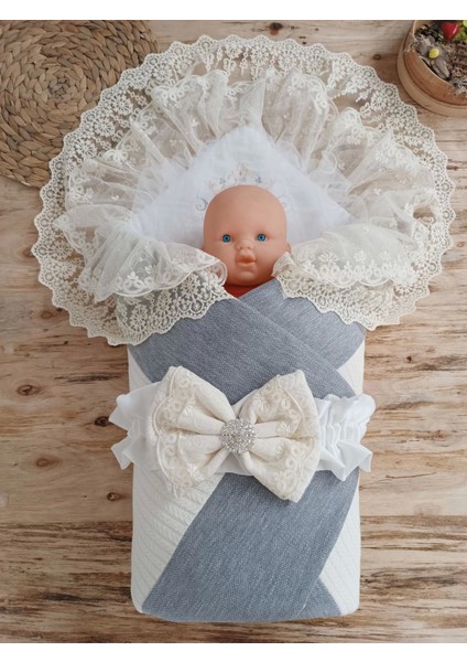 Yenidoğan Teri Cotton Taç Nakışlı Prizma Taş Kundak Bebek Battaniyesi Krem fiyatları