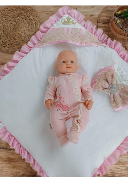 Yenidoğan Grand Lüks Kelebek Ağır Güpür Işlemeli Şapkalı Bebek Battaniyesi Kundak Pembe fırsatları