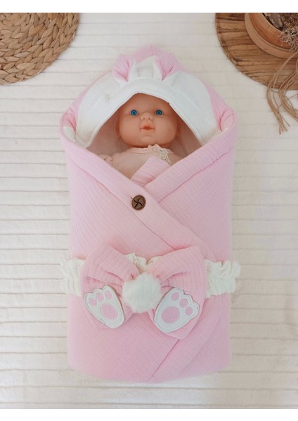 Yenidoğan 4 Kat Müslin Kumaş Kulaklı Patili Fiyonk Bebek Battaniyesi Kundak Pembe fiyatları