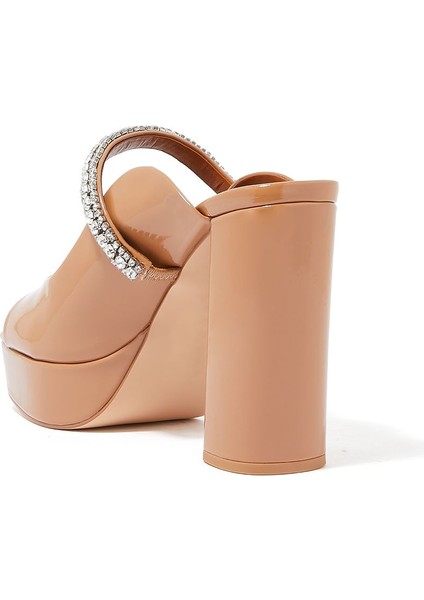 Deri Platform Topuklu Açık Burunlu Sandalet - Camel