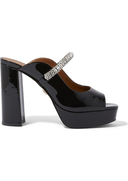Yüksek Topuklu Siyah Deri Peep-Toe Sandalet