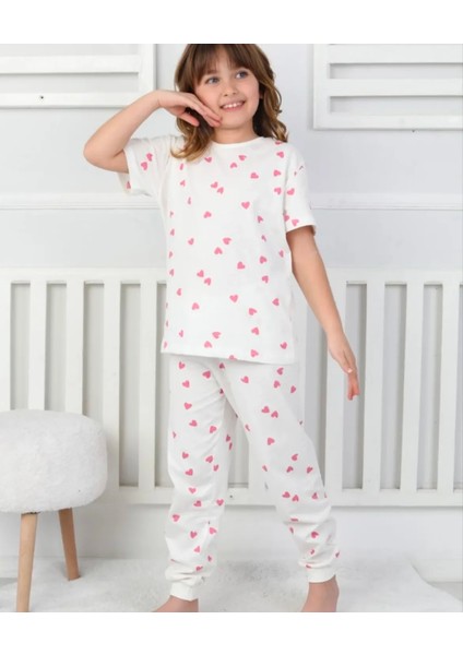 Kız Çocuk %100 Pamuklu Beyaz-Pembe Kalp Desenli Pijama Takımı