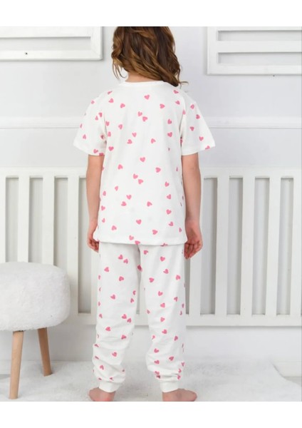 Kız Çocuk %100 Pamuklu Beyaz-Pembe Kalp Desenli Pijama Takımı modelleri