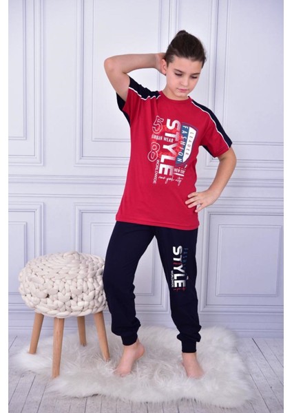 Kapip Bordo Steyle Baskılı Kısa Kollu Erkek Çocuk Pijama Takımı 11-15 Yaş 5056-B