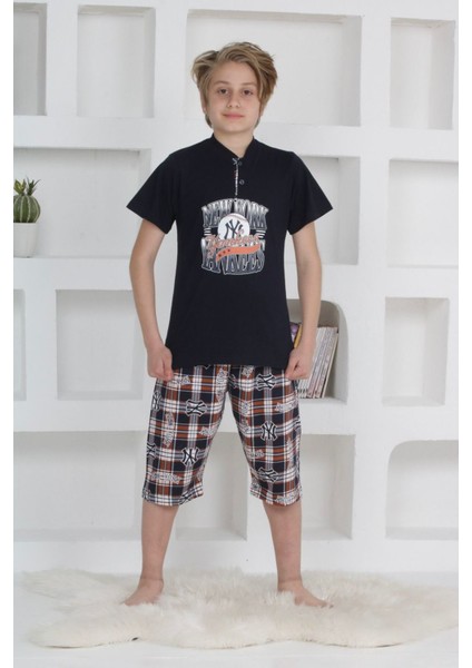 Kapip Lacivert Newyork Baskılı Kısa Kollu Kaprili Erkek Çocuk Pijama Takımı 11-15 Yaş 5106-L