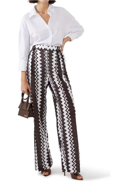 Zigzag Desenli Geniş Paça Pantolon - Koyu Kahverengi