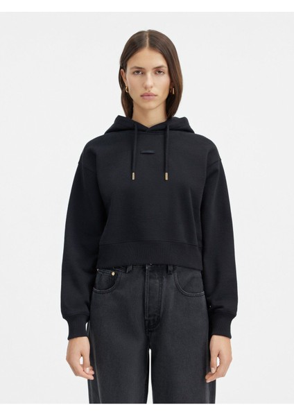 Klasik Cropped Grosgrain Logo Kapüşonlu Hoodie Pamuk Fleece, Şık Tasarım