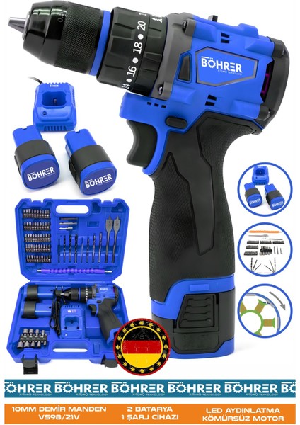Alman V285 5AH 10MM Demir Blue Yeni Nesil Full Setli Brushless Teknoloji Akülü Vidalama