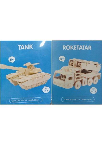 Ahşap Boyanabilir 2'li Tank ve Roketatar Modelli 3-D Puzzle Maket Seti