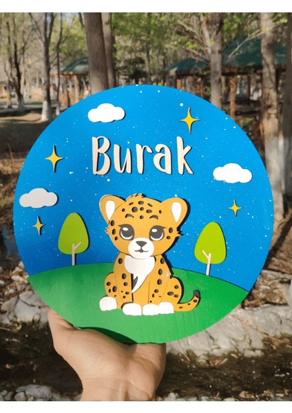 Kişiye Özel Tasarlanabilir Uzay Kaplan Aslan Temalı Ahşap Mavi Hastane Bebek Odası Kapı Süsü
