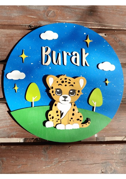 Kişiye Özel Tasarlanabilir Uzay Kaplan Aslan Temalı Ahşap Mavi Hastane Bebek Odası Kapı Süsü