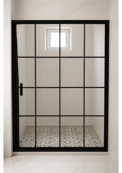 Paslanmaz Siyah Alüminyum Çerçeveli 6 mm Temperli Siyah Çizgili H.190 cm 1 Sabit 1 Kayar Duşakabin