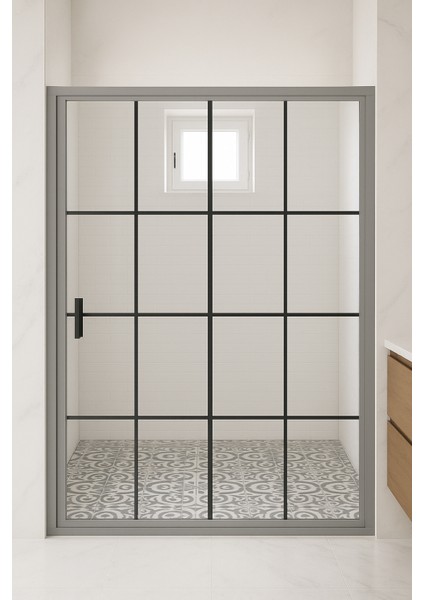 Paslanmaz Eloksal Gri Alüminyum Çerçeveli 6 mm Temperli Siyah Çizgili H.190 cm 1 Sabit 1 Kayar Duşakabin