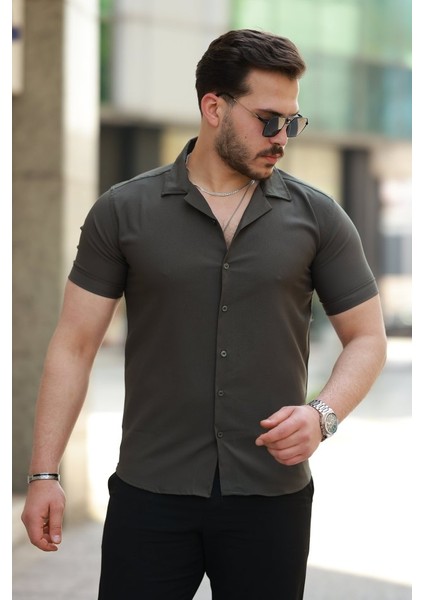 Erkek Apaj Yaka Kısa Kollu Gömlek