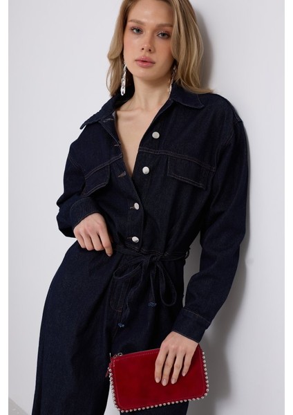 Düğme Detaylı Denim Tulum
