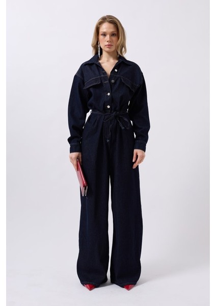Düğme Detaylı Denim Tulum